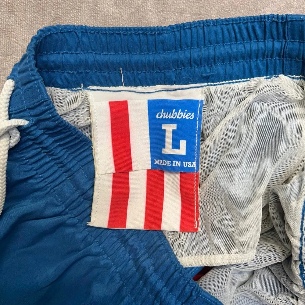 Chubbies Mens Size Large Blue Red Colorblock Swim Trunks USA Drawstring